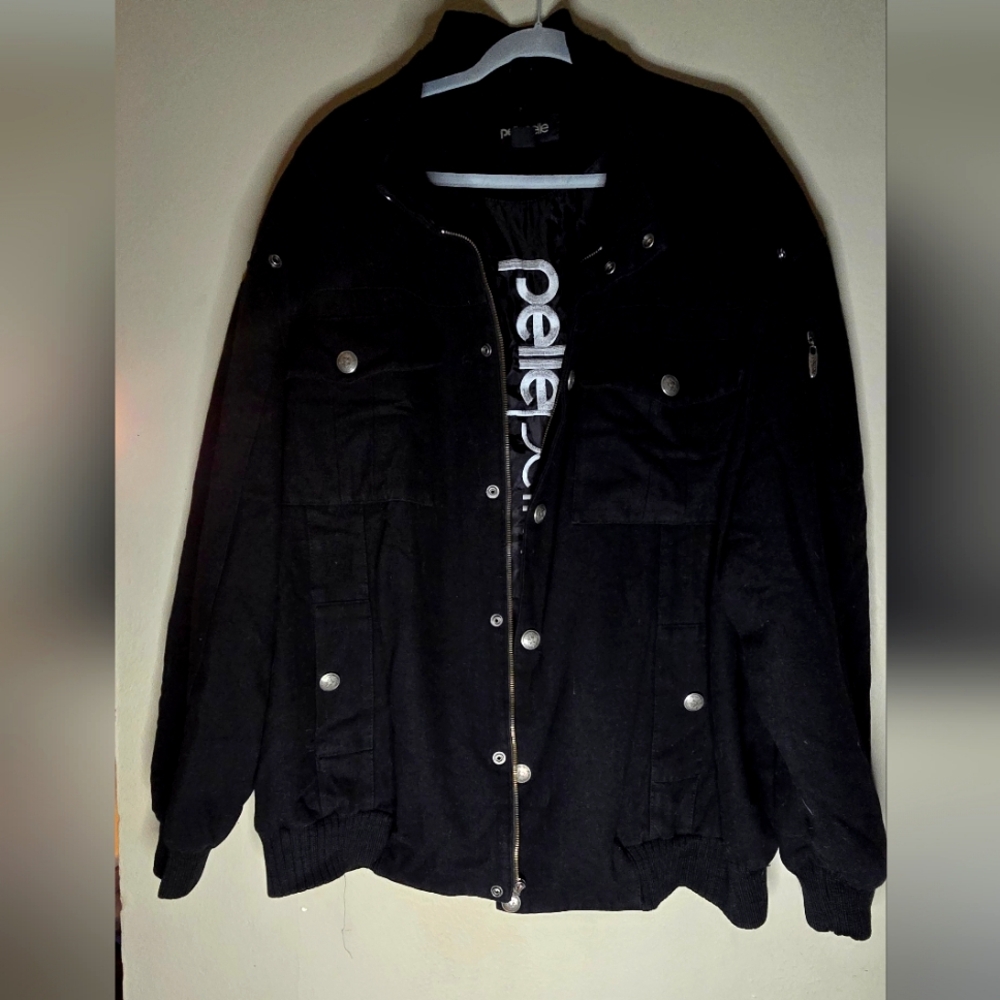 PELLE PELLE Genuine VINTAGE Men's BLACK Logo Snap ButtonZip Wool Jacket Coat 5Xl